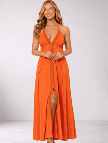 Vestido de Lino Naranja y Negro