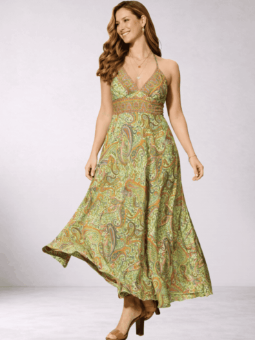 Vestido Estampado Floral Verde y Naranja