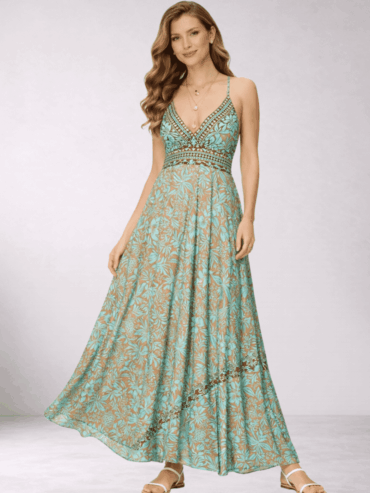 Vestido Estampado Floral Turquesa y Marrón