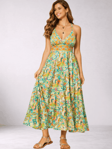 Vestido Estampado Floral Naranja y Verde