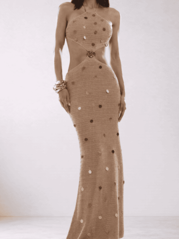 Vestido Largo Beige Crochet