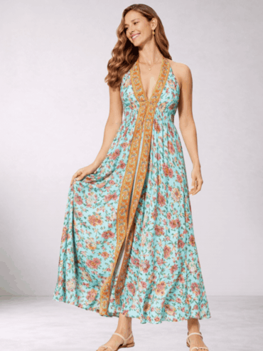 Vestido Estampado Floral Turquesa y Amarillo Mostaza