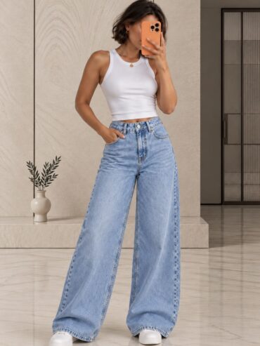 Pantalon Tiro Alto Ancho Azul Celeste Zara