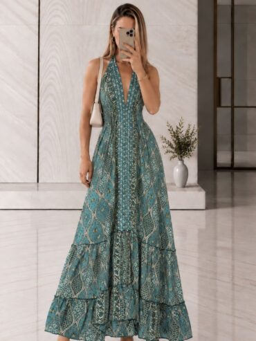 Vestido Maxi Verde Azulado Estampado Étnico