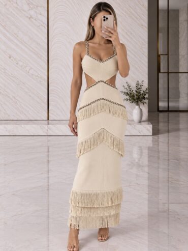 Vestido Largo Beige Flecos & Aberturas