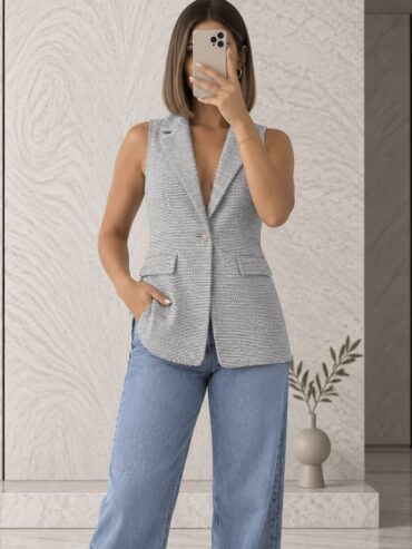 Chaleco Largo Tweed Gris Salvaje