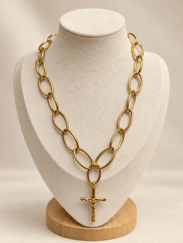 Collar Dorado Eslabones Ovalados & Crucifijo