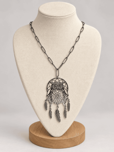 Collar Plateado Búho & Atrapasueños
