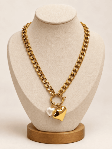 Collar Grueso Corazón Dorado & Perla